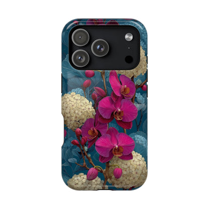 Phone case with pink orchids and blue background