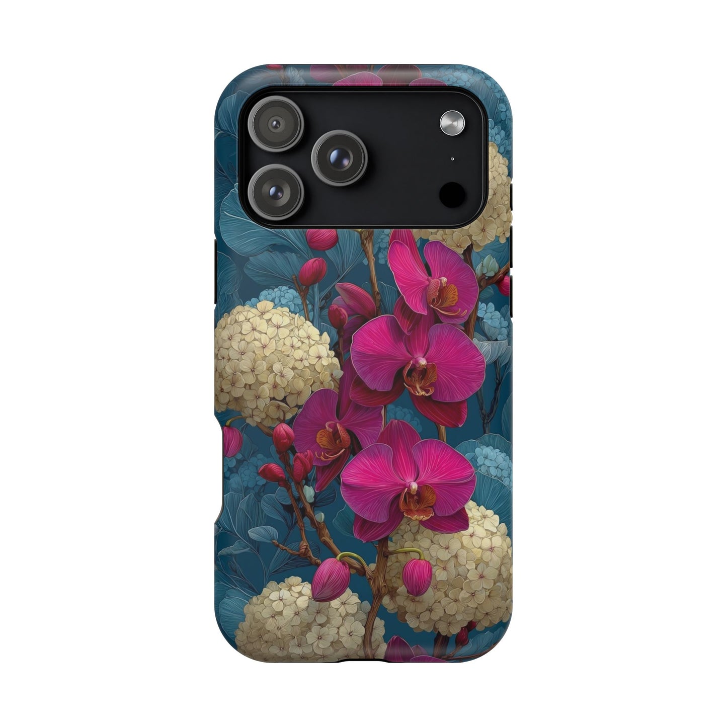 Phone case with pink orchid design on a blue background