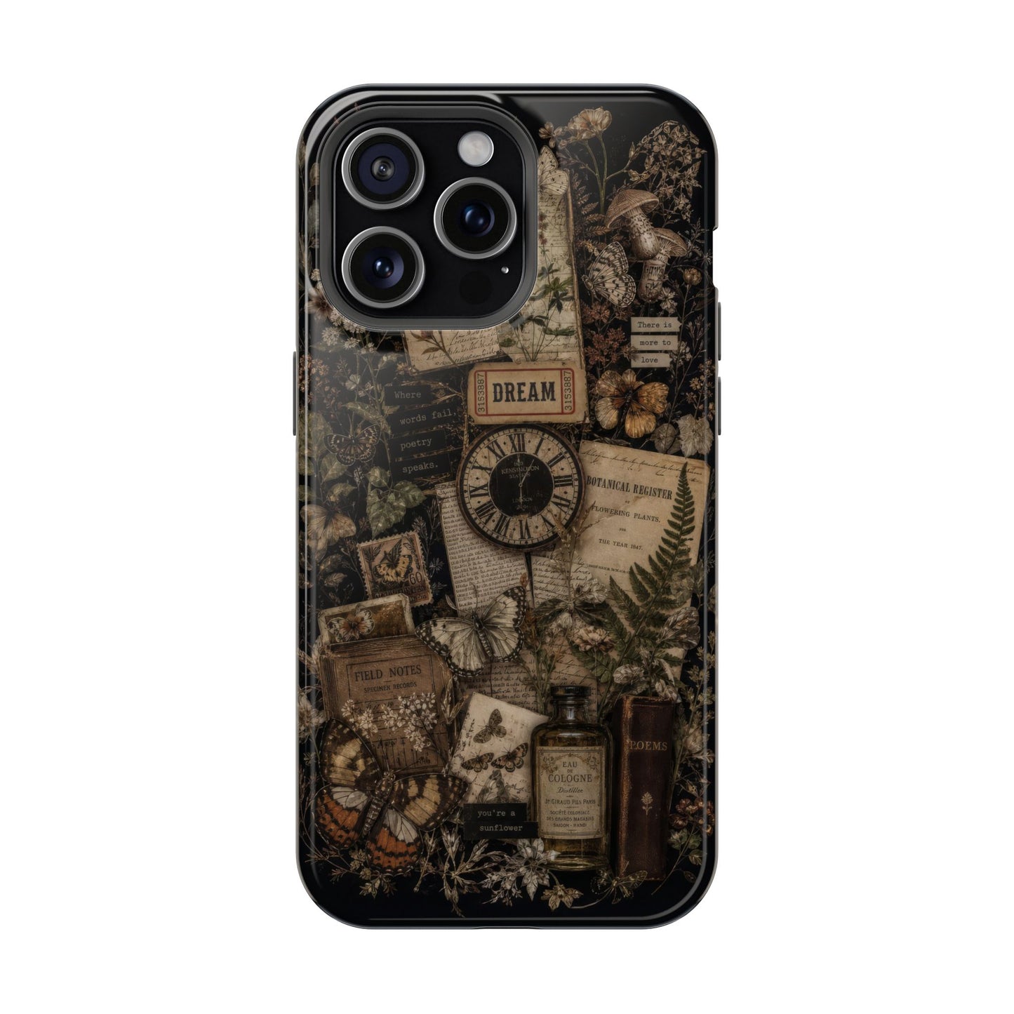 Phone case with vintage design featuring a clock, books, and nature elements on a dark background.