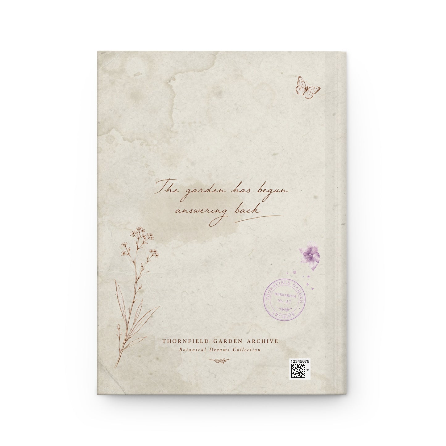 A book cover for 'The Garden Has Begun Answering Back' from the Thornfield Garden Archive Botanical Stem Collection, featuring a textured beige background with botanical illustrations and a purple circular stamp.