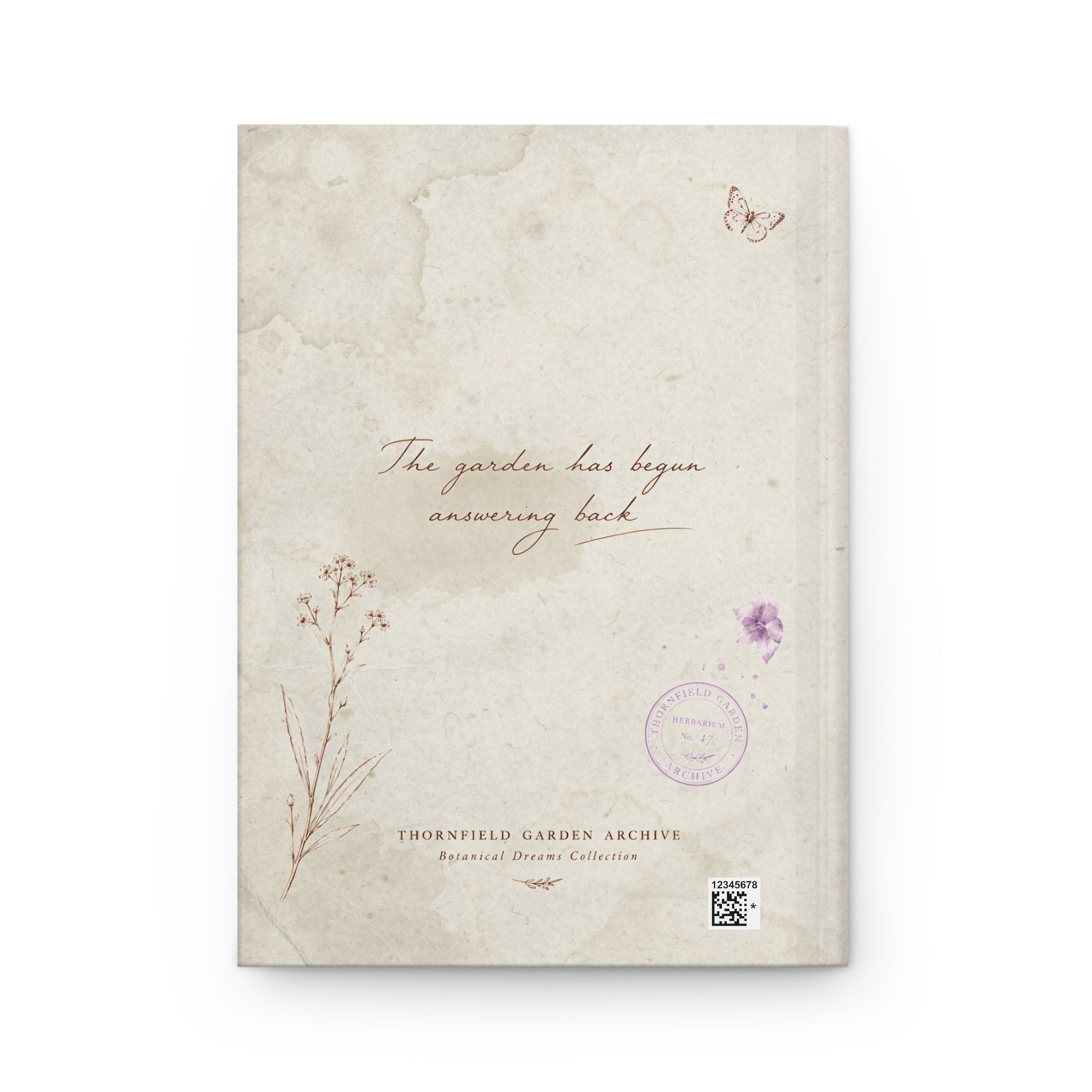 A book cover for 'The Garden Has Begun Answering Back' from the Thornfield Garden Archive Botanical Stem Collection, featuring a textured beige background with botanical illustrations and a purple circular stamp.