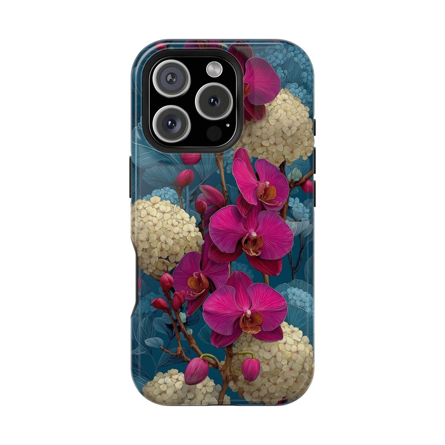 Phone case with pink orchid and white spherical flowers on a blue background