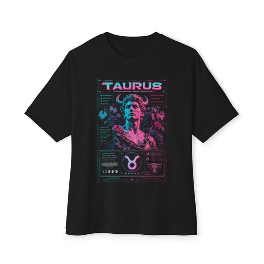 Black t-shirt with Taurus zodiac design on a white background
