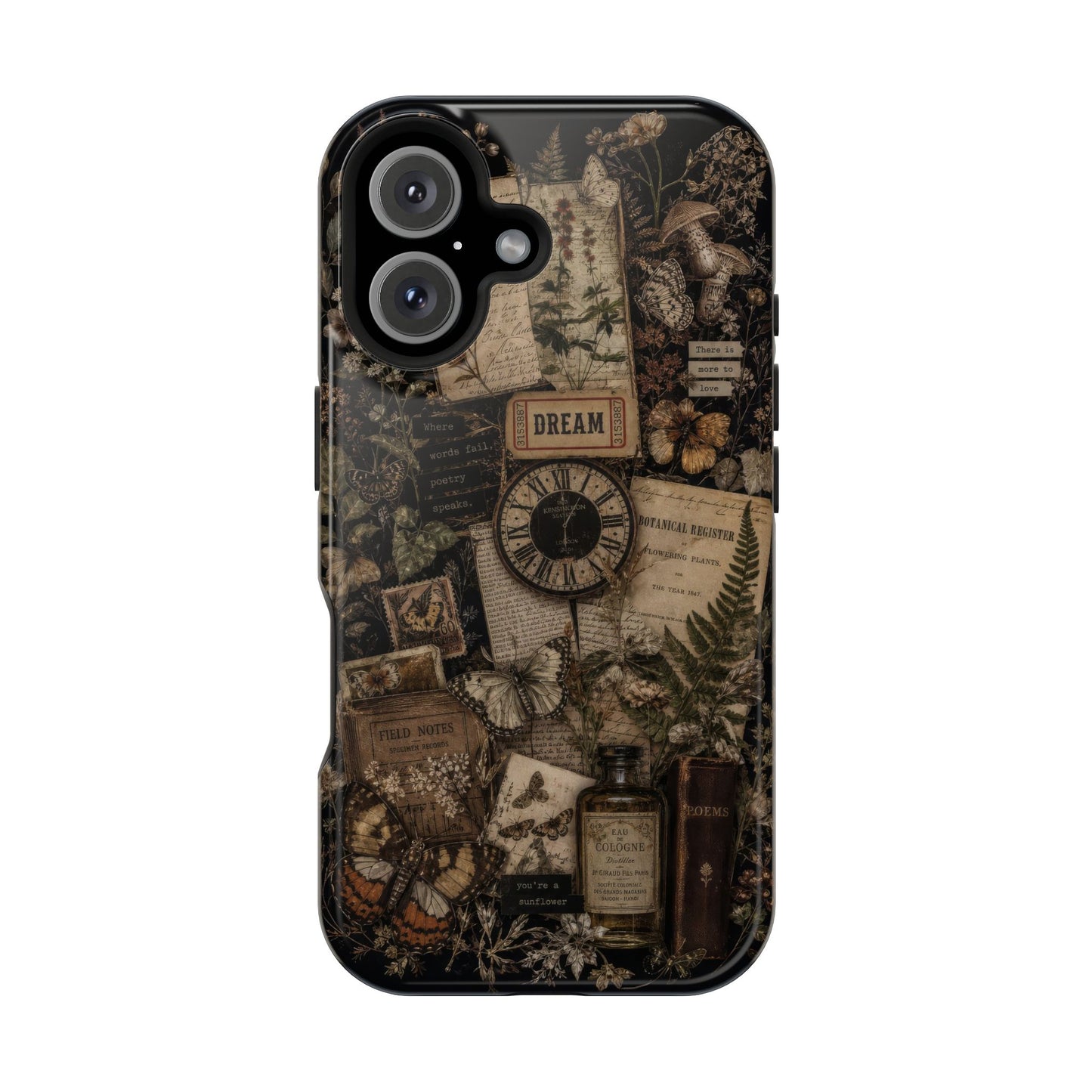 Phone case with vintage-style design featuring a clock, bottles, and text on a white background