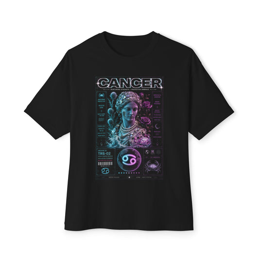 Black t-shirt with 'Cancer' zodiac design on a white background