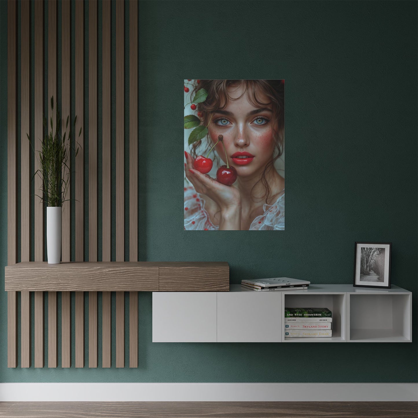 Artistic Satin Poster Print: Young Woman Holding Cherries - LucyKay store