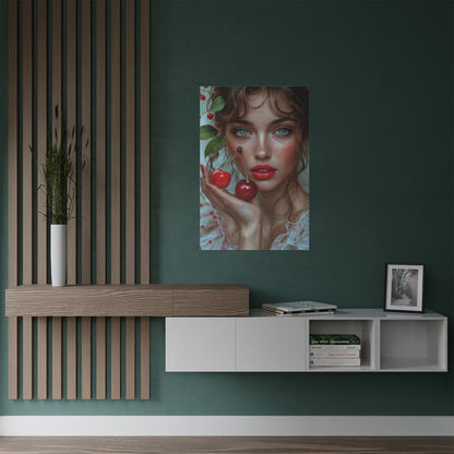 Artistic Satin Poster Print: Young Woman Holding Cherries - LucyKay store