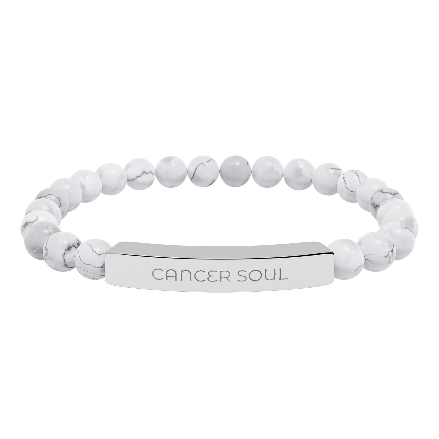 White beaded bracelet with an engraved tag on a white background