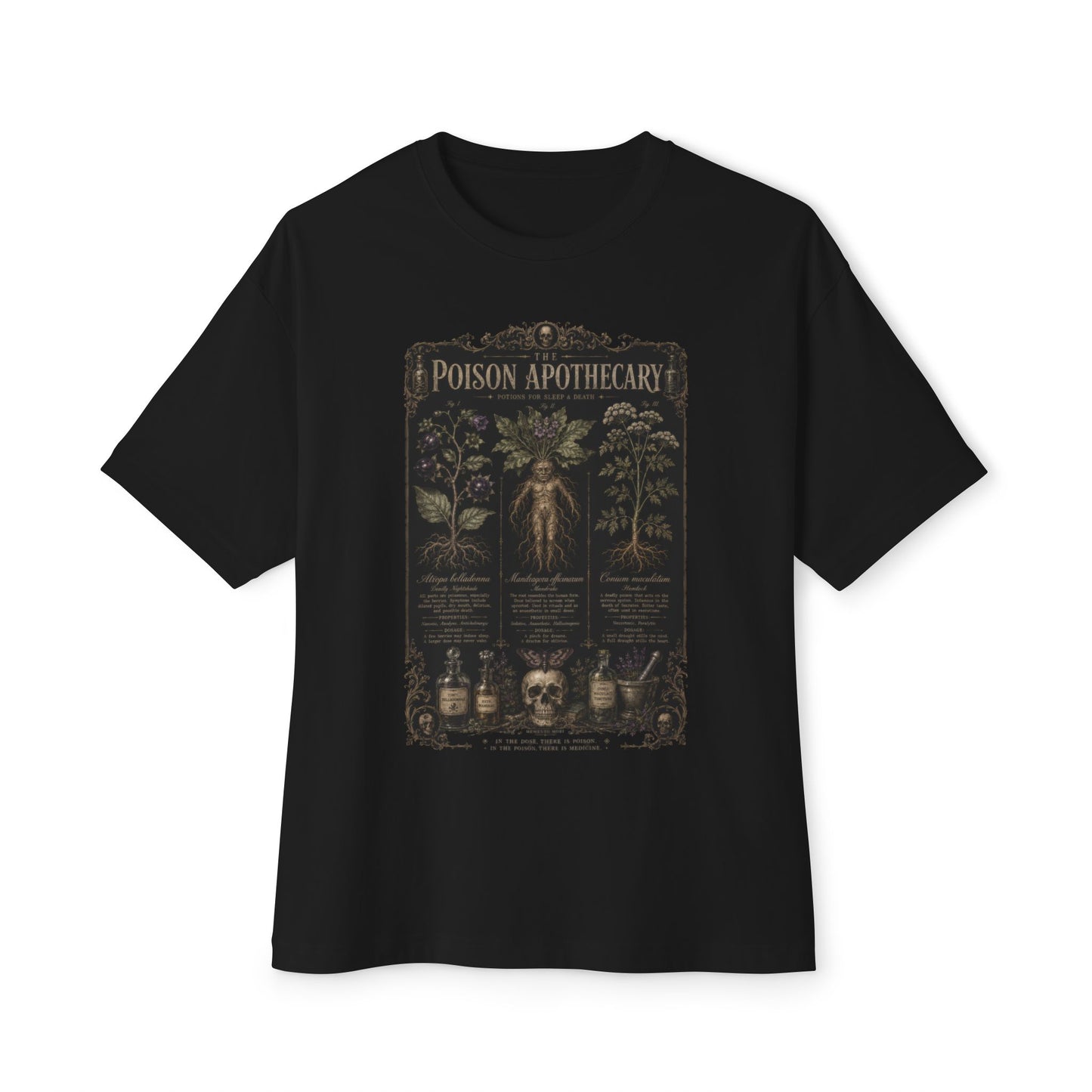 Black oversized boxy graphic tee with vintage poison apothecary herbarium print — dark botanical poisonous plants and labeled vials illustration, unisex fit