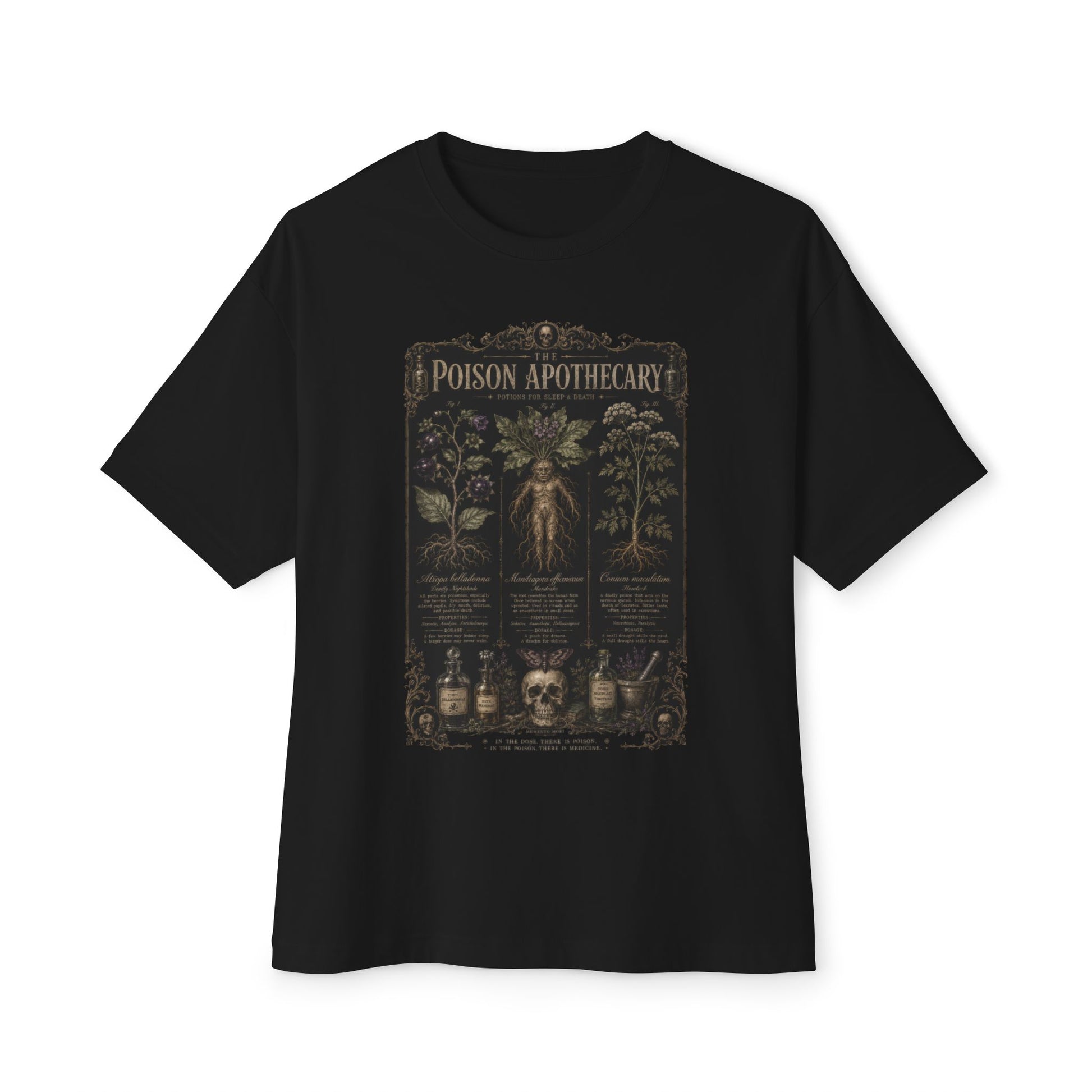 Black oversized boxy graphic tee with vintage poison apothecary herbarium print — dark botanical poisonous plants and labeled vials illustration, unisex fit