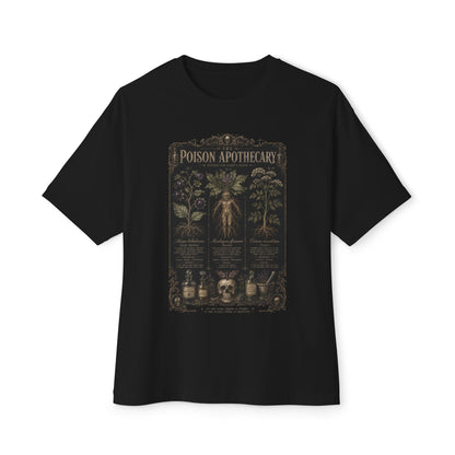 Black oversized boxy graphic tee with vintage poison apothecary herbarium print — dark botanical poisonous plants and labeled vials illustration, unisex fit