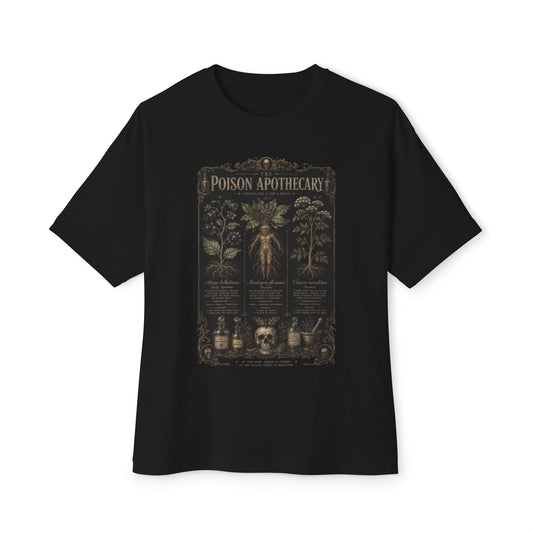 Black oversized boxy graphic tee with vintage poison apothecary herbarium print — dark botanical poisonous plants and labeled vials illustration, unisex fit