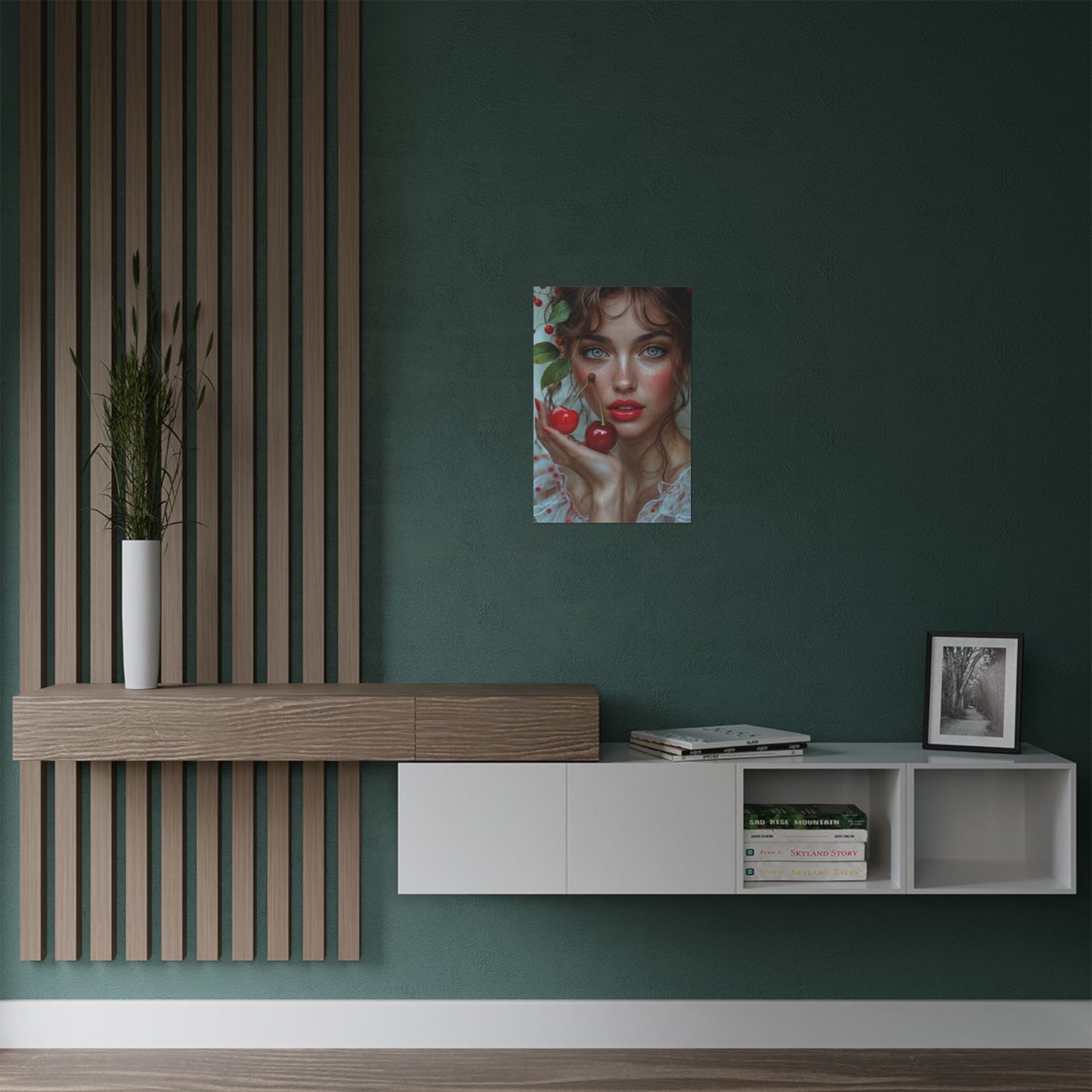 Artistic Satin Poster Print: Young Woman Holding Cherries - LucyKay store