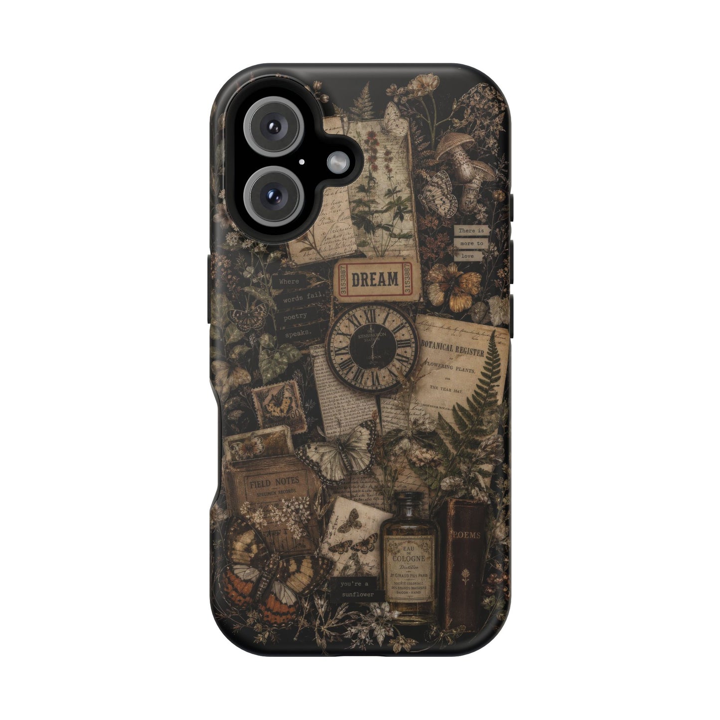 Phone case with vintage-style design featuring a clock, bottle, and text on a dark background