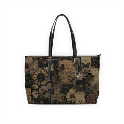 Tote bag with vintage-style design featuring a clock and floral elements on a white background