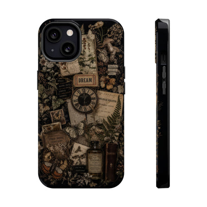 Phone case with vintage design featuring a clock, bottles, and nature elements on a dark background.