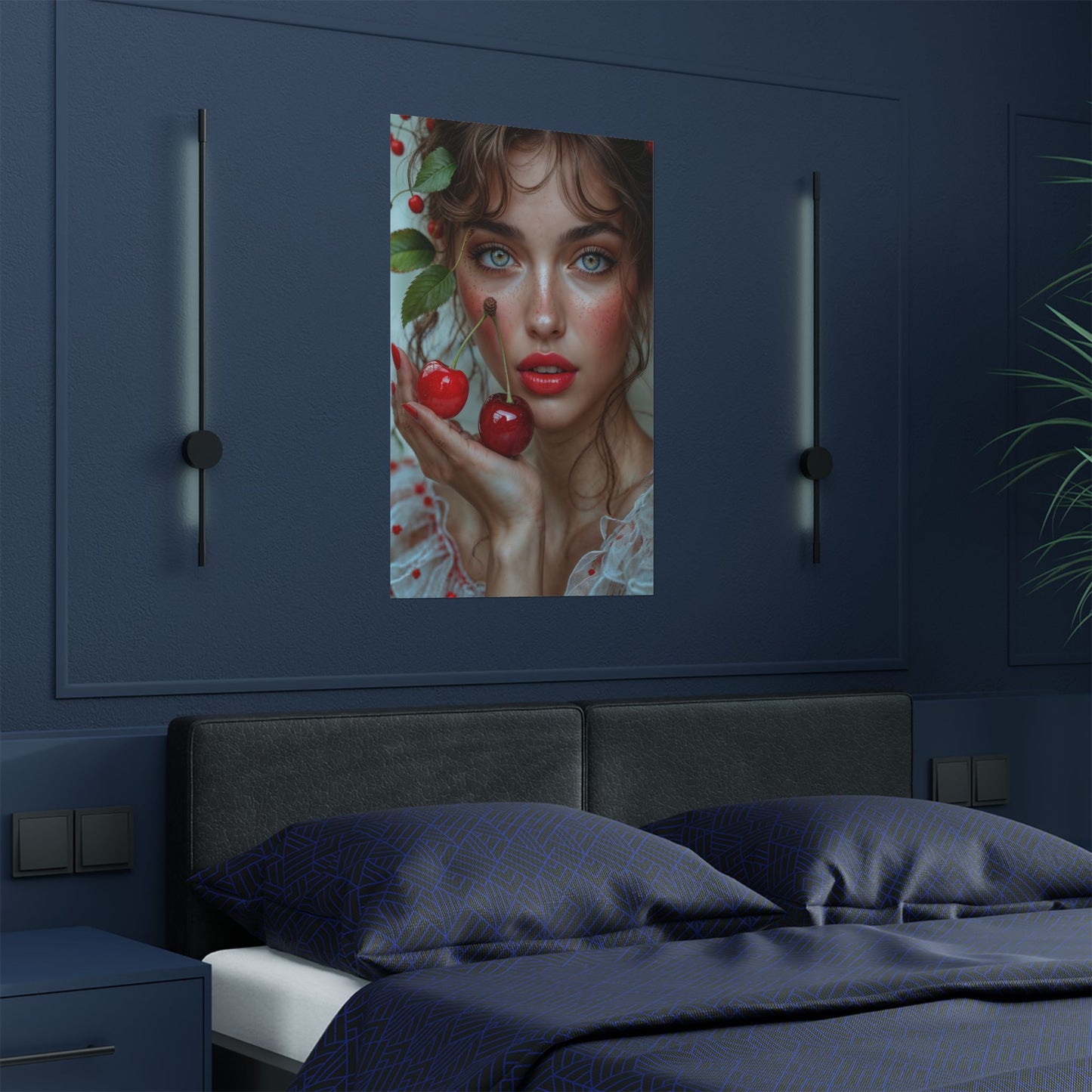 Artistic Satin Poster Print: Young Woman Holding Cherries - LucyKay store