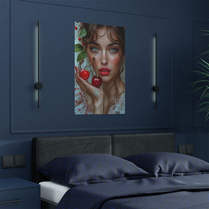 Artistic Satin Poster Print: Young Woman Holding Cherries - LucyKay store