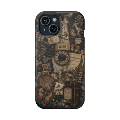 Phone case with vintage-style design featuring a clock, bottles, and text on a white background
