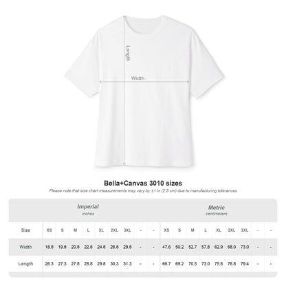 White t-shirt with measurement lines and Bella+Canvas size chart on a white background
