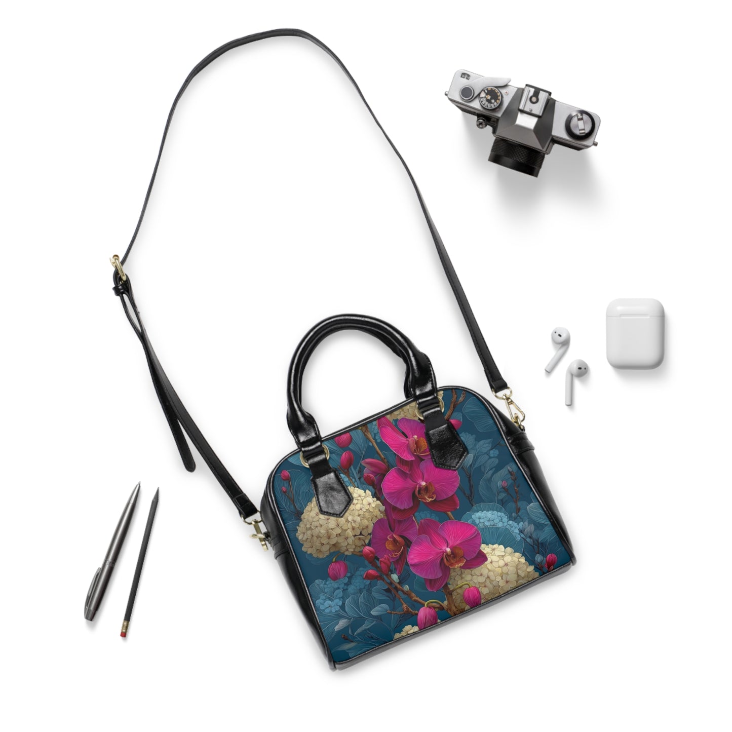 Floral Orchid Shoulder Handbag – PU Leather, Black - LucyKay store