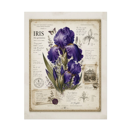 A vintage-style botanical art print of an Iris germanica flower, featuring deep purple blooms, green leaves, and detailed historical text and illustrations on an aged beige background.
