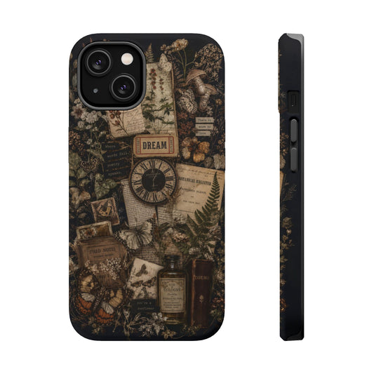 Phone case with vintage-style design featuring text, images, and patterns on a dark background