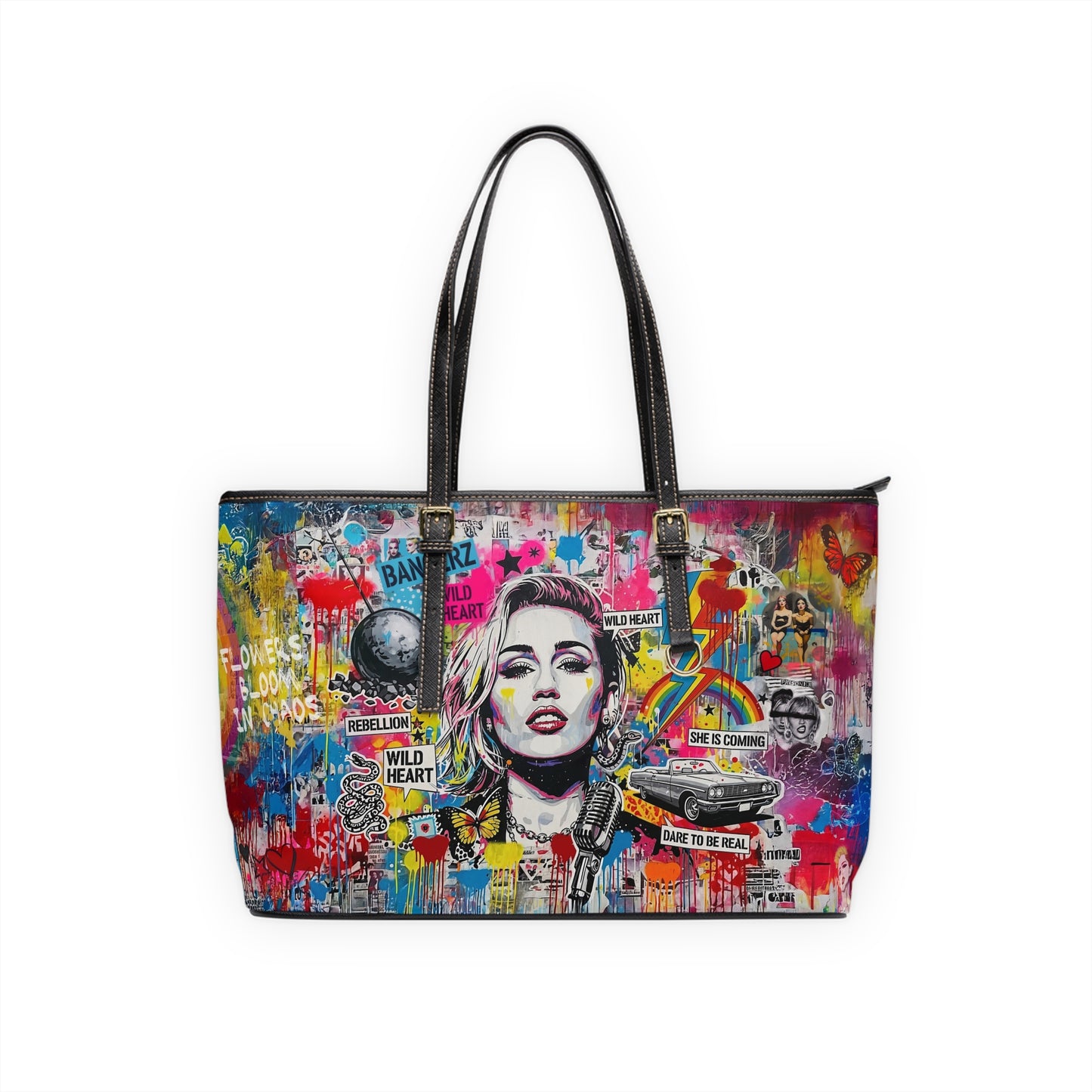 Graffiti Shoulder Bag - Pop Art Miley Cyrus PU Leather Tote - LucyKay store