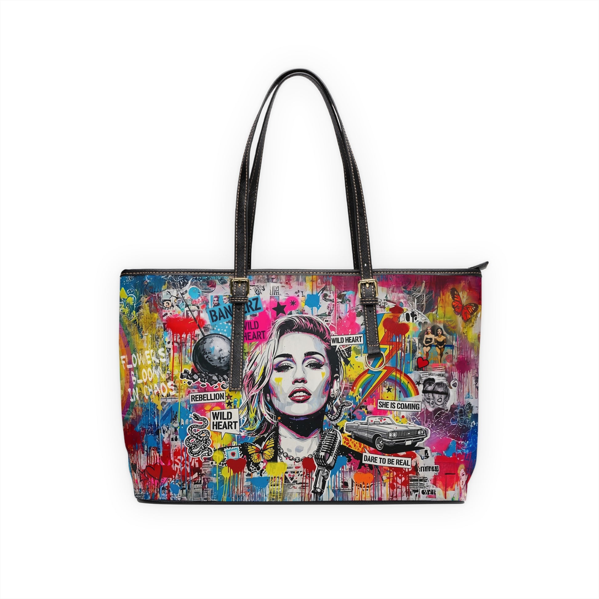 Graffiti Shoulder Bag - Pop Art Miley Cyrus PU Leather Tote - LucyKay store