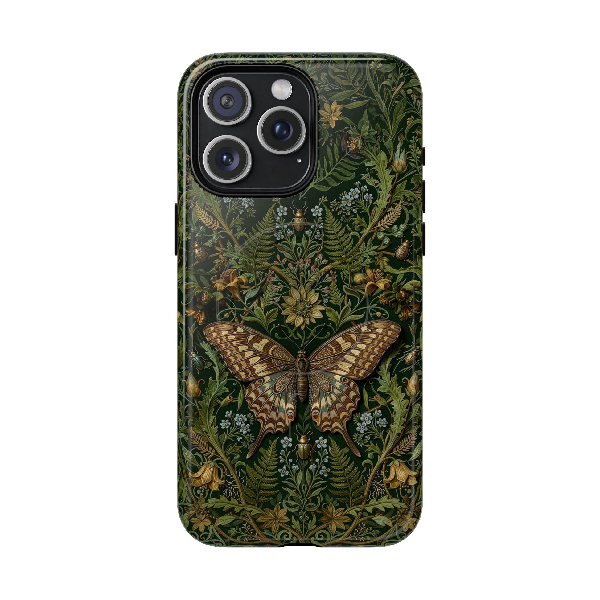 Phone case with butterfly and floral design on a dark green background