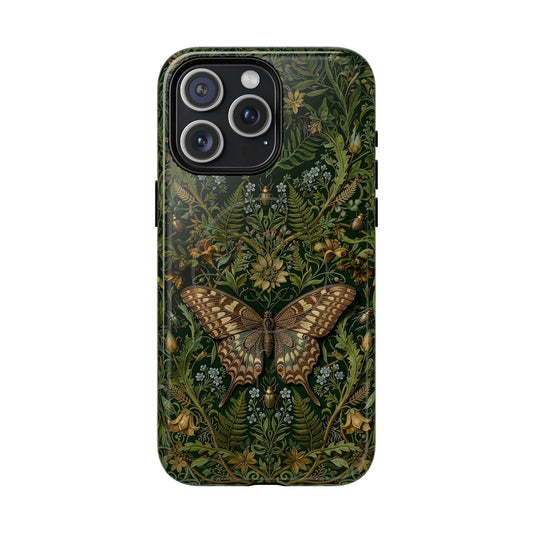 Phone case with butterfly and floral design on a dark green background