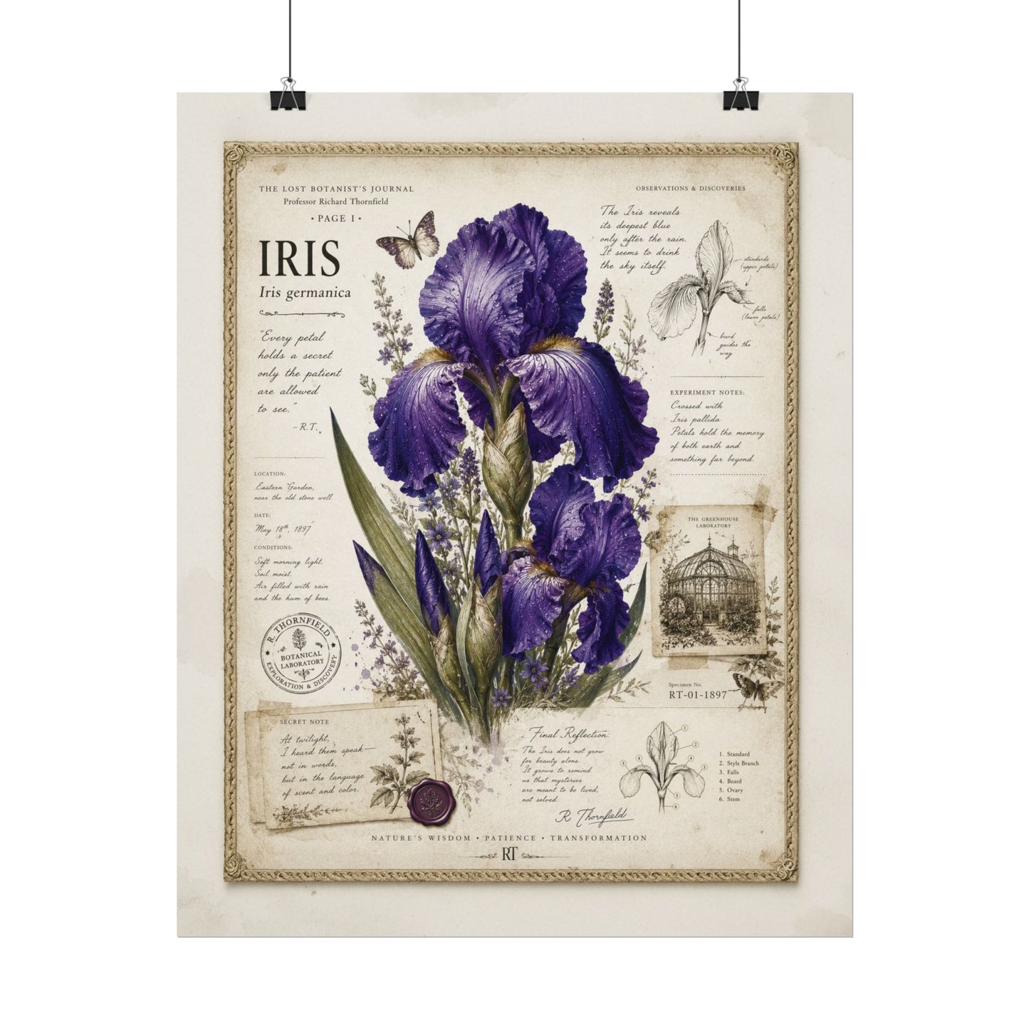 Purple Iris Botanical Illustration Poster | Vintage Floral Wall Art Print on Watercolor Paper