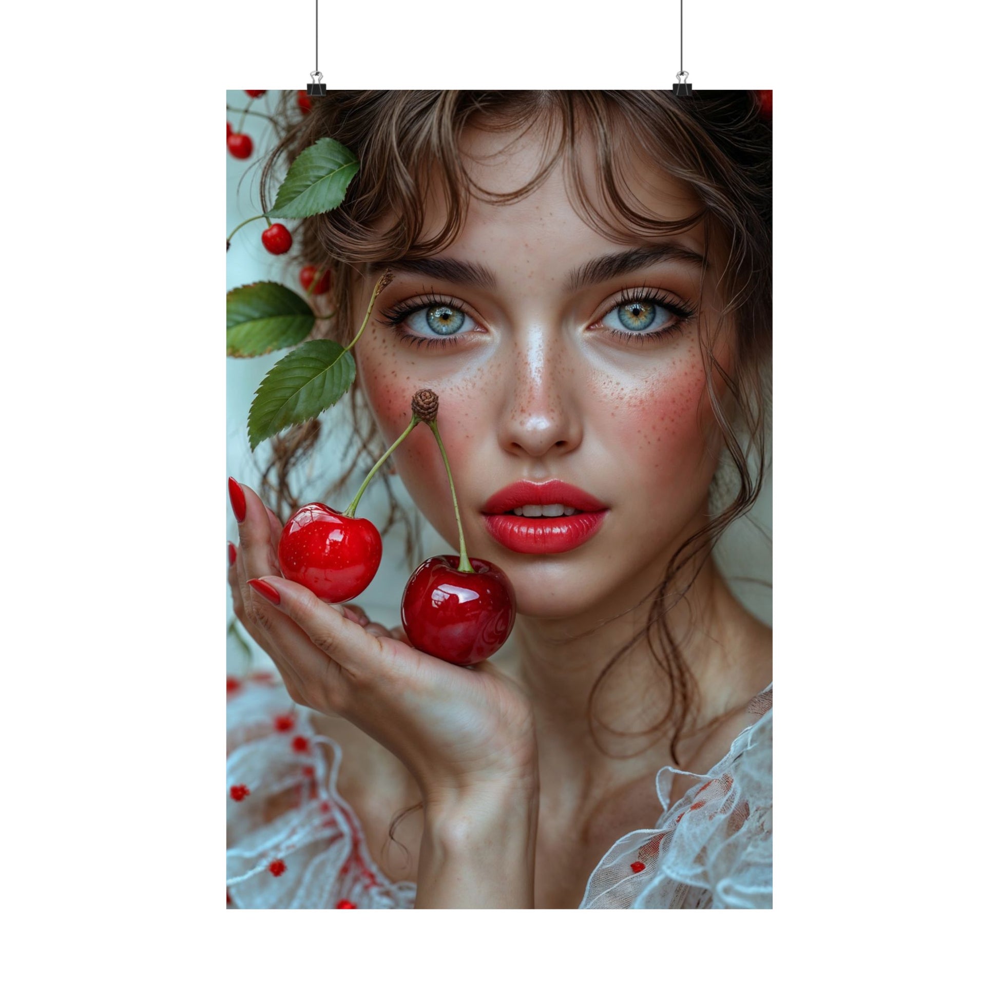 Artistic Satin Poster Print: Young Woman Holding Cherries - LucyKay store