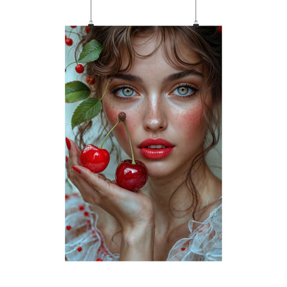 Artistic Satin Poster Print: Young Woman Holding Cherries - LucyKay store