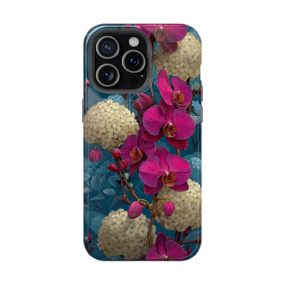 Phone case with pink orchids and spherical plants on a blue background