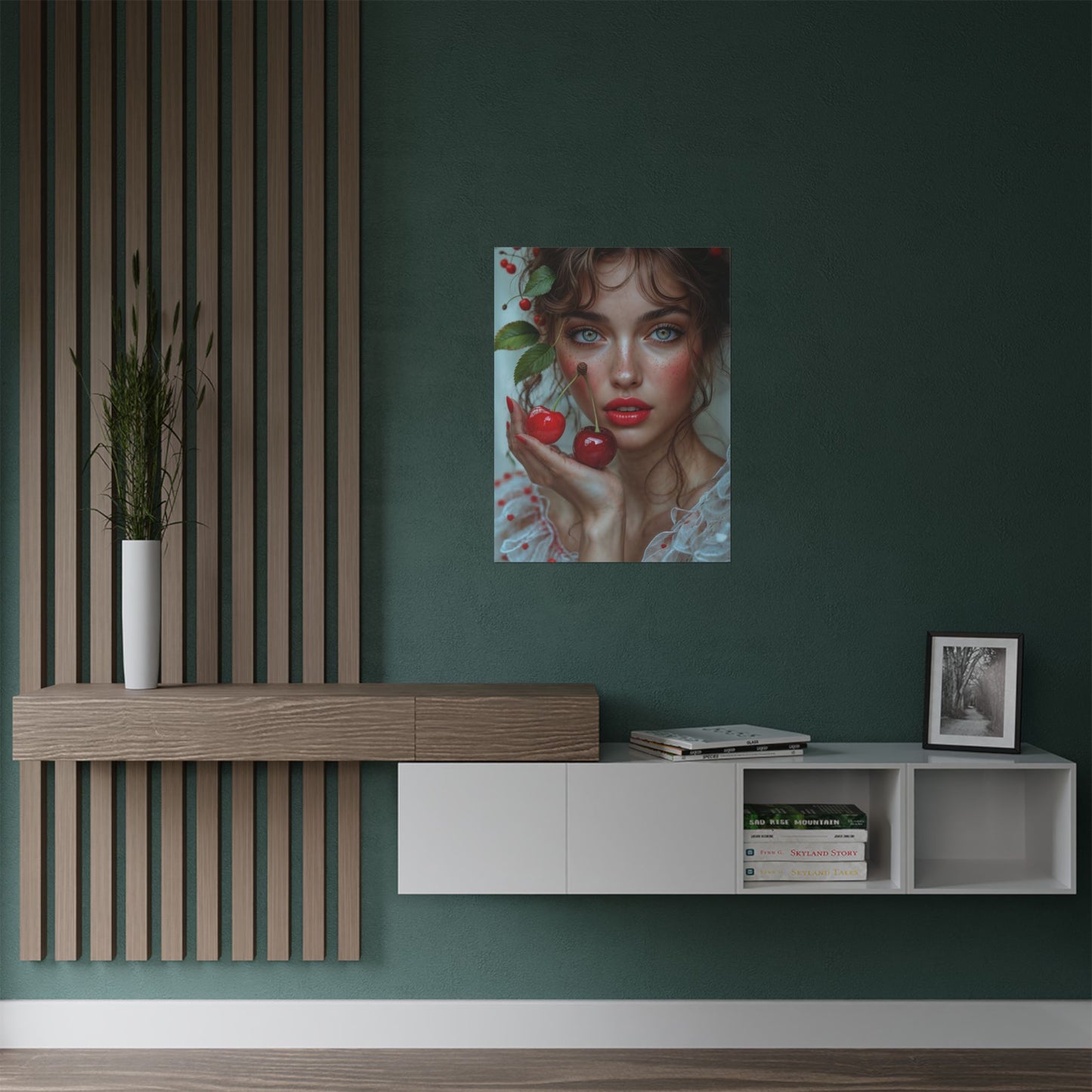 Artistic Satin Poster Print: Young Woman Holding Cherries - LucyKay store