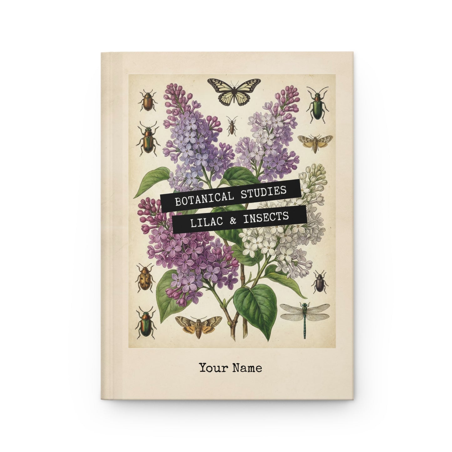 Book cover with botanical illustration of lilacs and insects on a beige background