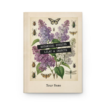 Book cover with botanical illustration of lilacs and insects on a beige background