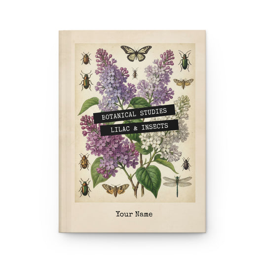 Book cover with botanical illustration of lilacs and insects on a beige background