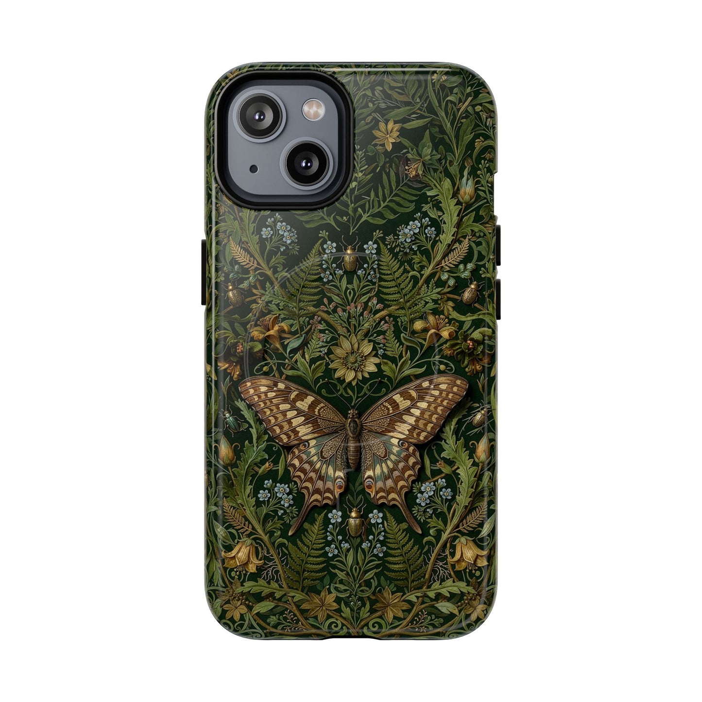 Phone case with butterfly and floral design on a green background
