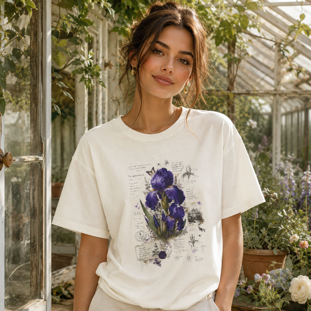 Purple Iris Botanical Boxy T-Shirt | Vintage Floral Graphic Tee | Cottagecore Flower Shirt