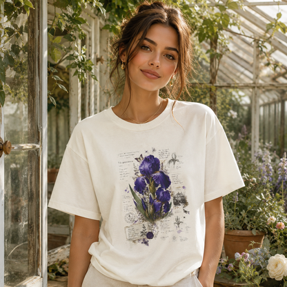 Purple Iris Botanical Boxy T-Shirt | Vintage Floral Graphic Tee | Cottagecore Flower Shirt