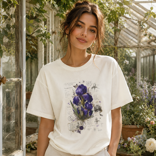 Purple Iris Botanical Boxy T-Shirt | Vintage Floral Graphic Tee | Cottagecore Flower Shirt