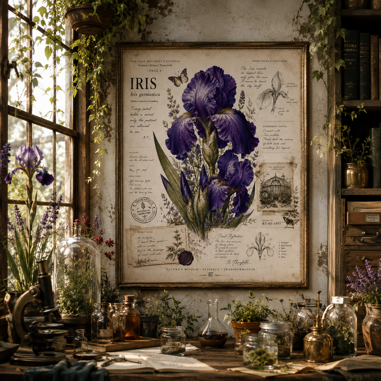 Purple Iris Botanical Illustration Poster | Vintage Floral Wall Art Print on Watercolor Paper