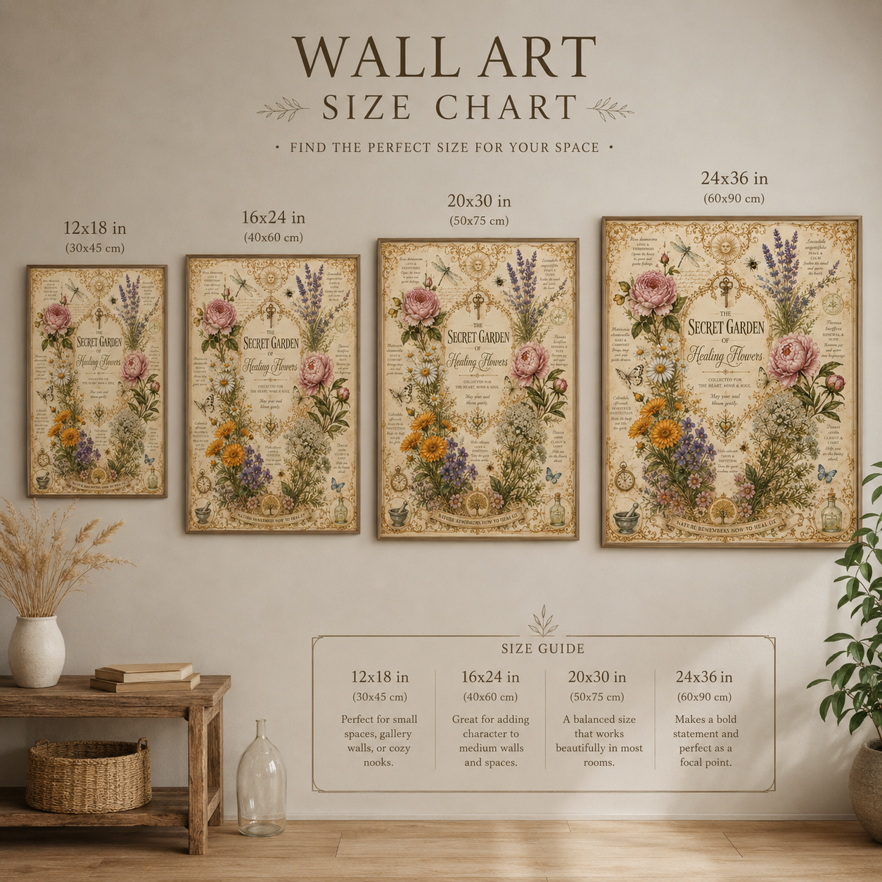 Wall art size chart with floral designs on a wall, showing different sizes and their recommended use.