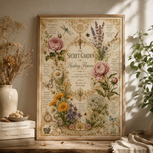 Decorative poster titled 'The Secret Garden of Healing Flowers' with floral illustrations on a wooden surface.