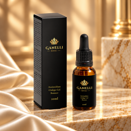 Ganelli Royal Antioxidant Ginkgo Gel booster shown as a 10ml amber glass dropper bottle next to its black packaging box, set on a marble surface with draped gold satin fabric.