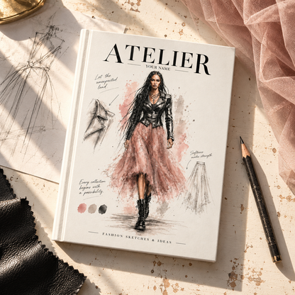 A hardcover sketchbook titled 'ATELIER' lies open on a styled flat-lay surface with fashion sketches, a pencil, black leather fabric, and pink tulle. The cover features a fashion illustration of a woman in a black top and pink skirt.