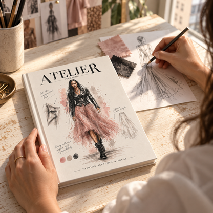 A person at a wooden desk holds a pencil over a fashion sketchbook and a hardcover book titled ATELIER. The scene includes swatches, a cup of pens, and a warm, sunlit studio environment.