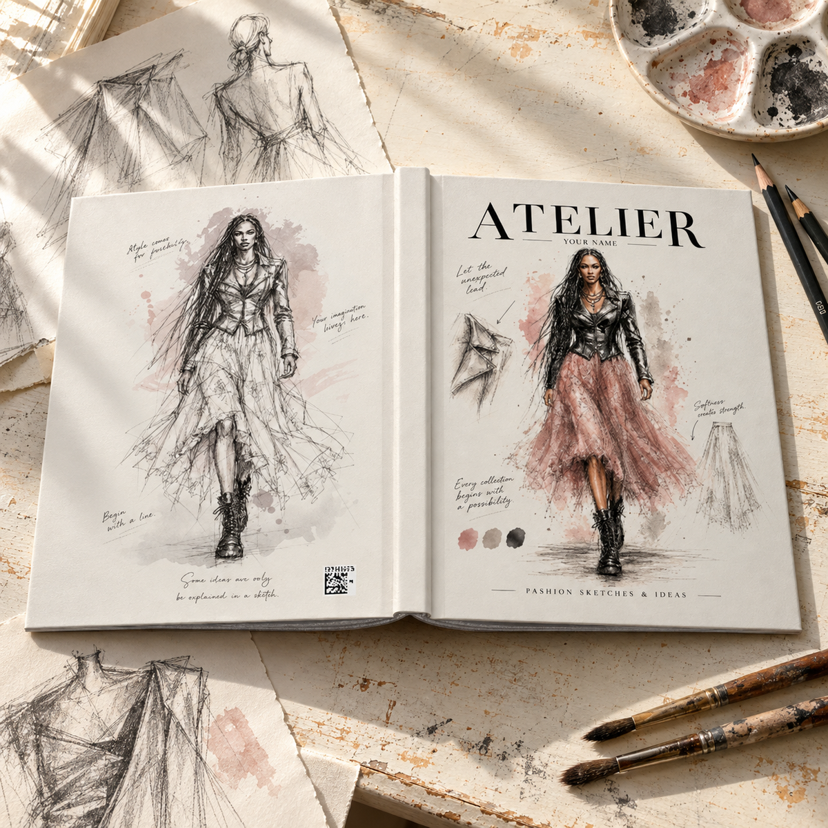 An open sketchbook displaying fashion illustrations and sketches, styled on a rustic wooden table with paintbrushes, a paint palette, and additional sketch papers.
